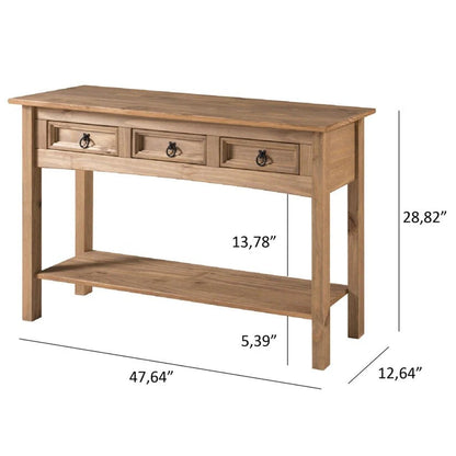 Solid Pine Wood Console Table With 3 Drawers - 47.99in W x 12.64in D x 28.82in H