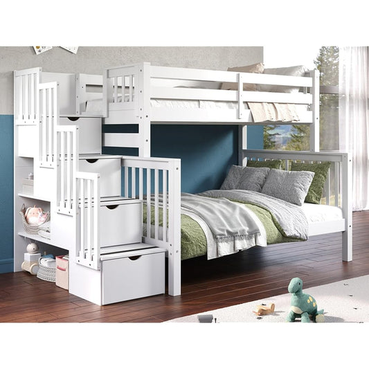 Bedz King Twin-Over-Full Solid Wood Bunk Bed With Stairway Drawers - White