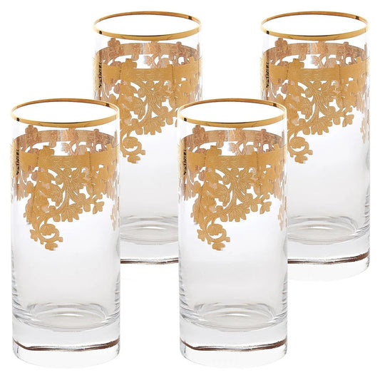 24K Gold Embellished Crystal Highball Tumblers, Set Of 4, 11 oz - Made In Italy