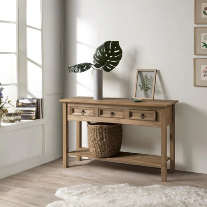 Solid Pine Wood Console Table With 3 Drawers - 47.99in W x 12.64in D x 28.82in H