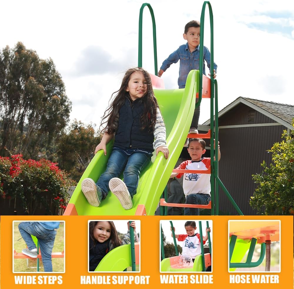 PLATPORTS Outdoor Playground Slide, 10 Ft, 123.59 in L x 58.5 in W x 60.45 in H, Orange/Green, Ages 4-8