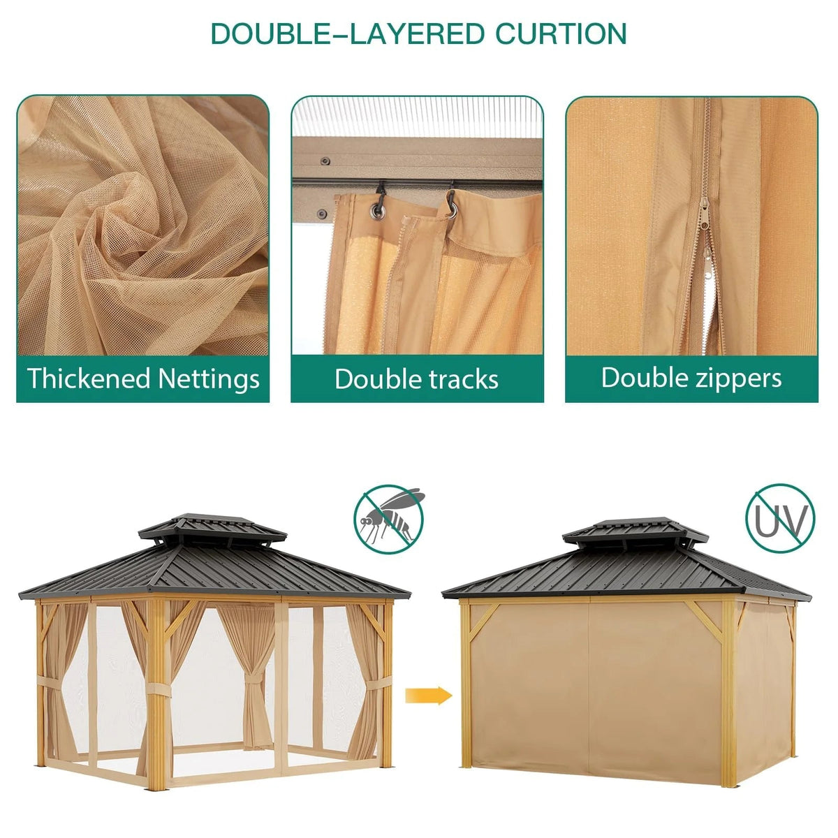 10X13 FT Outdoor Galvanised Steel Hardtop Gazebo With Netting And Sunshade Curtains, Khaki