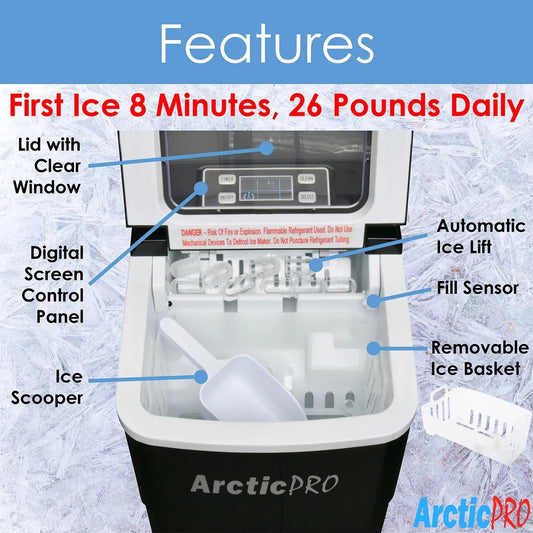 Arctic-Pro Portable Digital Ice Maker Machine, 26 Pounds Daily, Black, 11.5x8.7x12.5 Inches
