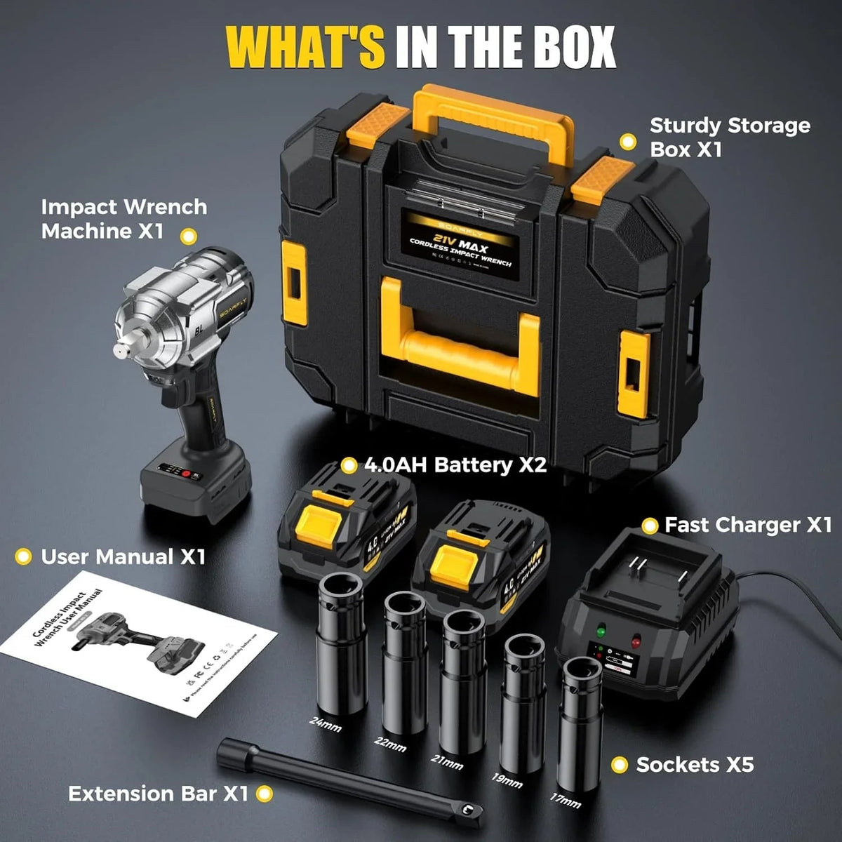 Cordless 1/2 Inch Impact Wrench, 1200Nm, 21V Brushless With 2 4.0Ah Batteries And 5 Sockets