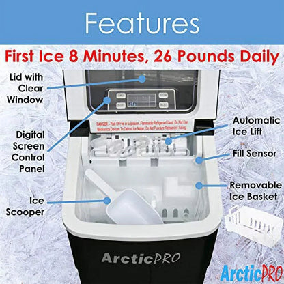 Arctic-Pro Portable Digital Ice Maker Machine, 26 Pounds Daily, Black, 11.5x8.7x12.5 Inches