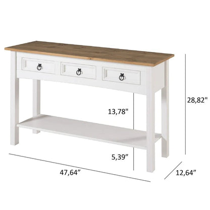 Solid Pine Wood Console Table With 3 Drawers - 47.99in W x 12.64in D x 28.82in H